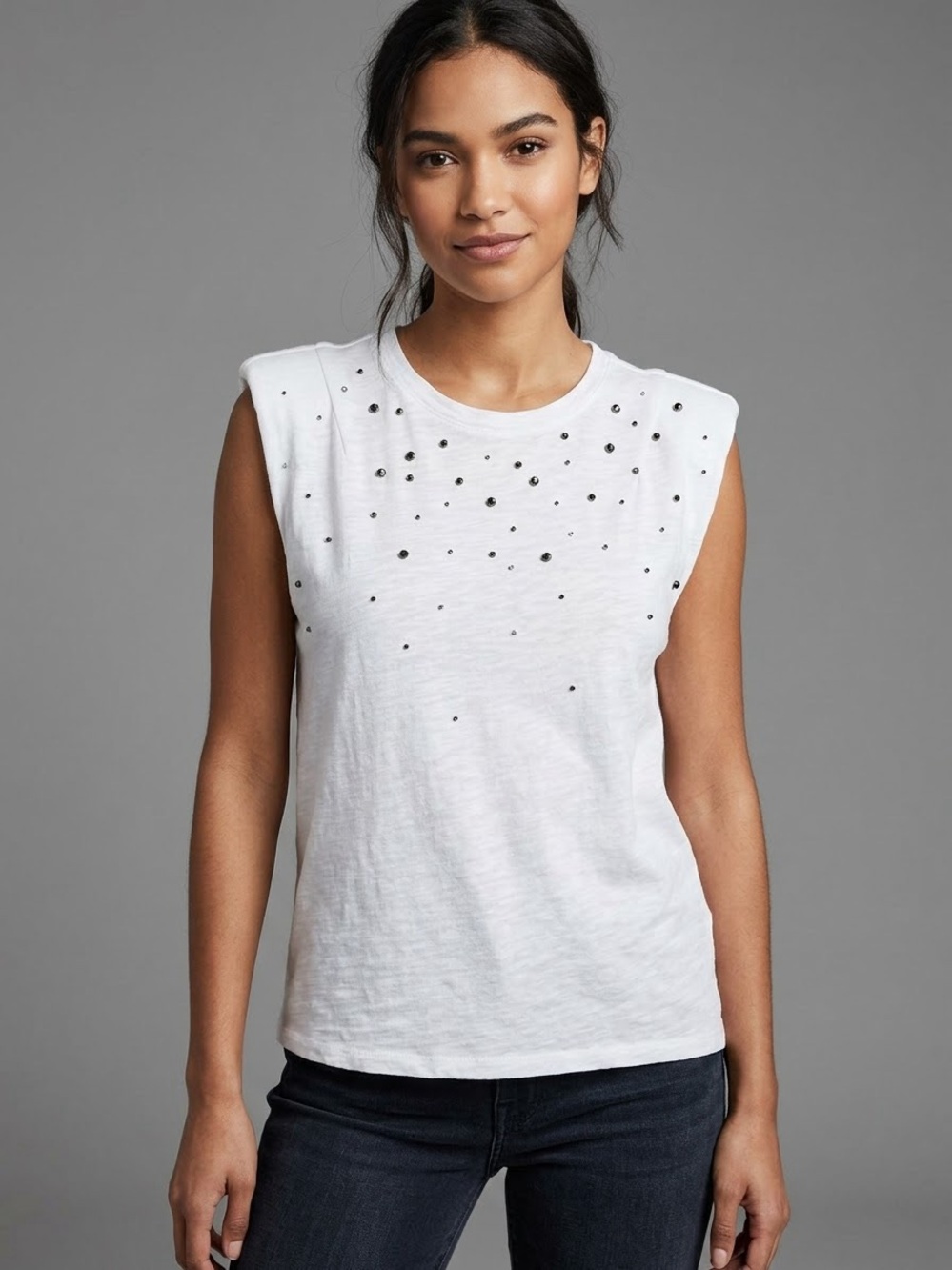 Cinq à Sept Tous Les Jours White Embellished Studded Muscle Tank Top Size L